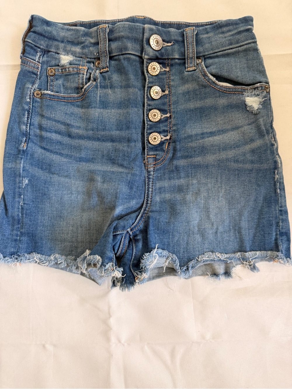 American Eagle Outfitters Distressed High-Rise Button-Front Denim Shorts - Blue
